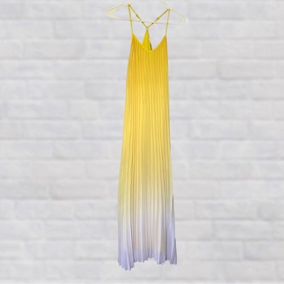 Barr III Adjustable Spaghetti Strap Yellow Pleated Ombré Maxi Dress XXS - Picture 6 of 6